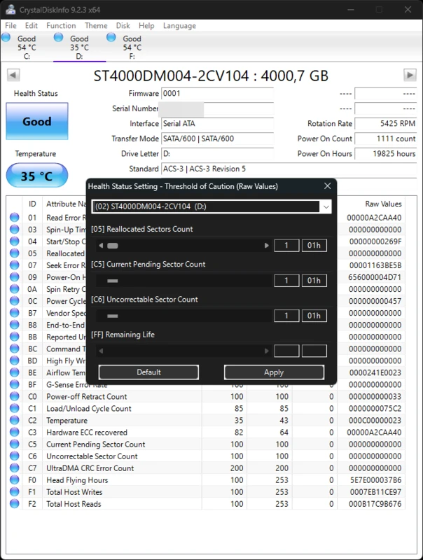 CrystalDiskInfo host reads and writes counters for SSD wear
